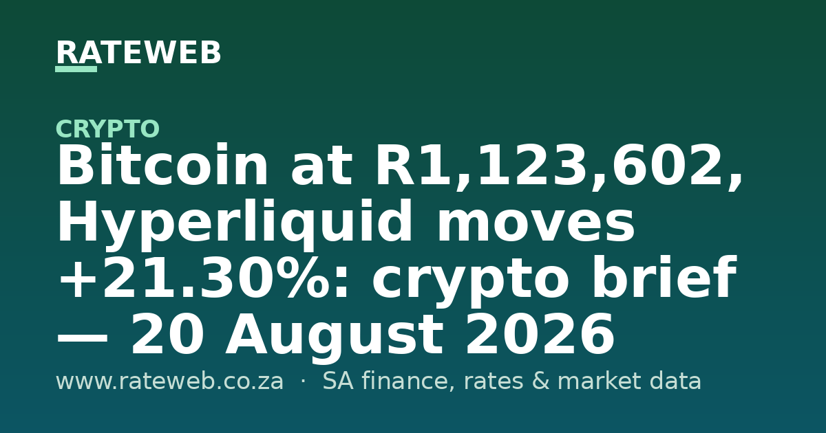 Bitcoin at R1,123,602, Hyperliquid moves +21.30%: crypto brief — 20 August 2026