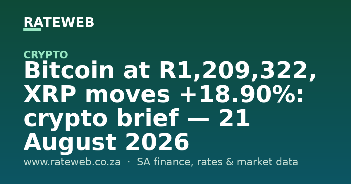 Bitcoin at R1,209,322, XRP moves +18.90%: crypto brief — 21 August 2026