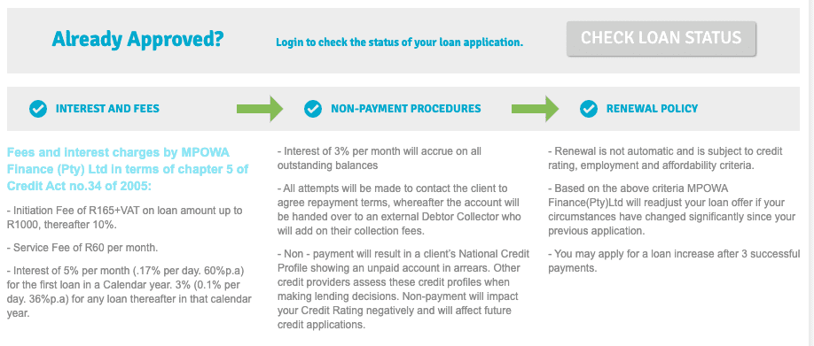 Fees and interest charges by MPOWA Finance (Pty) Ltd in terms of chapter 5 of Credit Act no.34 of 2005